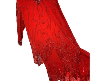 Vintage 80s Nite Line Red Bead Flapper Holiday Dress Silk XL 14/16 EUC