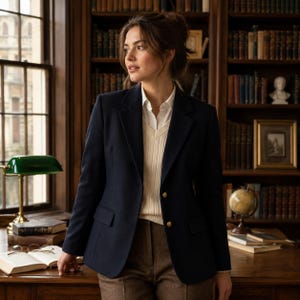 May include: A navy blue blazer with two gold buttons, worn over a white collared shirt and a cream-colored V-neck sweater vest. The outfit is paired with brown trousers, creating a classic layered look suitable for a professional or academic setting.
