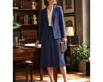 Vintage 80s Wool Richard Benay Womens Pinstripe Blazer & Skirt Set Size 8 Navy
