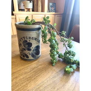 May include: A stoneware planter with the word "PITTSBURGH" and floral designs in navy blue. The planter holds a trailing succulent plant with small, green, rounded leaves. The planter sits on a wooden table.