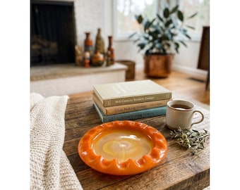 VTG 60s Swirled Amber & Orange Glass Bowl Art Deco Style 8" Dia Ashtray