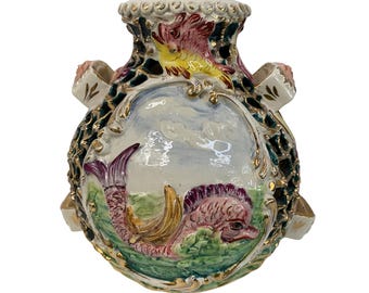 VTG Italian Ceramic Mojolica Vase Mermaid Fish Gold Cherub 8780 Hand Paint