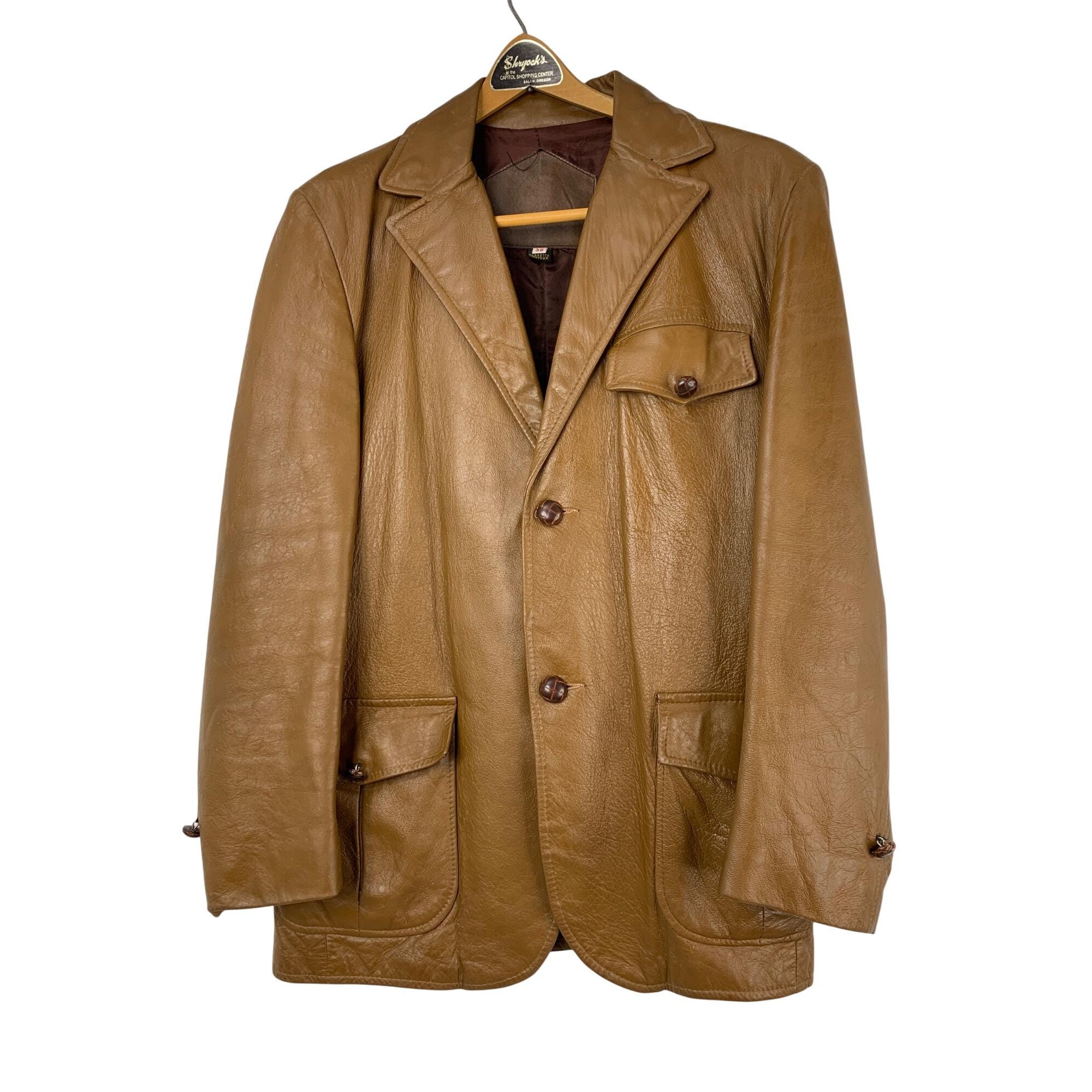 Veste En Cuir Vintage Homme Grais - Taille 40 (M) - Cuir Cabretta Années 70 - Occasion Très Bon état