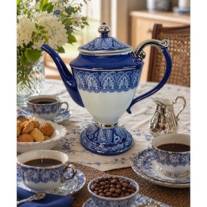 May include: A blue and white porcelain tea set with a decorative floral pattern. The set includes a teapot, cups, saucers, and a creamer. The teapot has a silver handle and lid. The table setting also includes a bowl of cookies and a bowl of coffee beans.