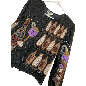 Vintage 80s Gopal Black Beaded Jacket Champagne Theme 100% Silk Lined M 8695 Wine Handmade India EUC Bling Flattering Boxy Fit