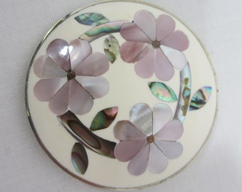 Vintage Round Silver Brooch with Inlay Flowers