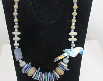 Vintage Blue Tropical Necklace with Parrot, Beads, Wood Pieces Painted