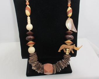 Vintage Wooden Necklace with Hand Carved Rhino Beaded Shell