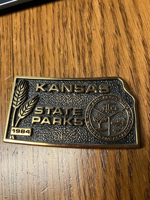 Vintage 1984 Kansas State Park Brass Belt Buckle