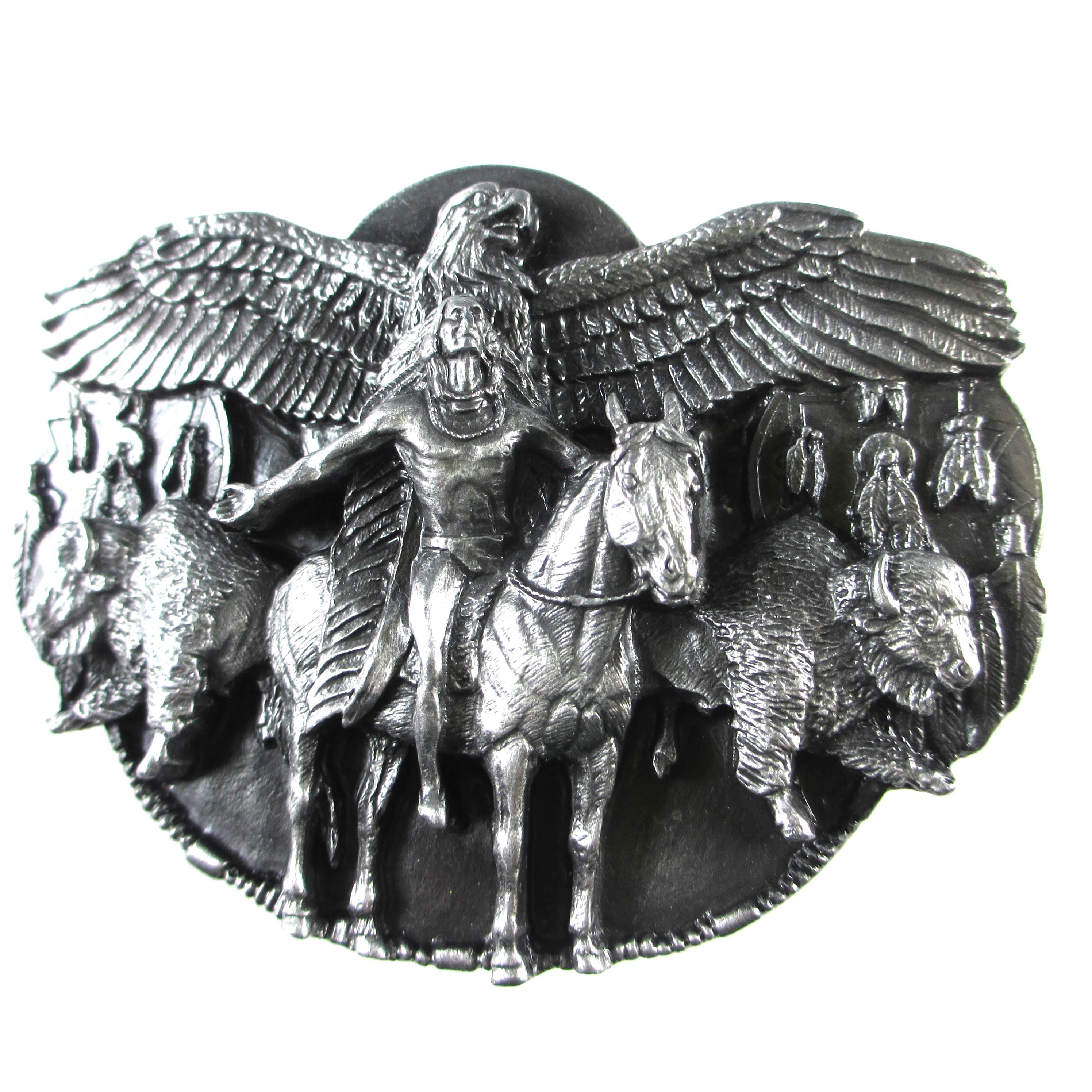 Siskyou Belt Buckle Tribute to American Indian Buffalo, Eagle Tepee  Pewter 1983 Vintage Siskiyou Native American Pewter Belt Buckle Buffalo  main image 3