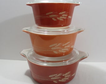 Vintage 1970 Autumn Harvest Pyrex Set Casserole Dish with Lids