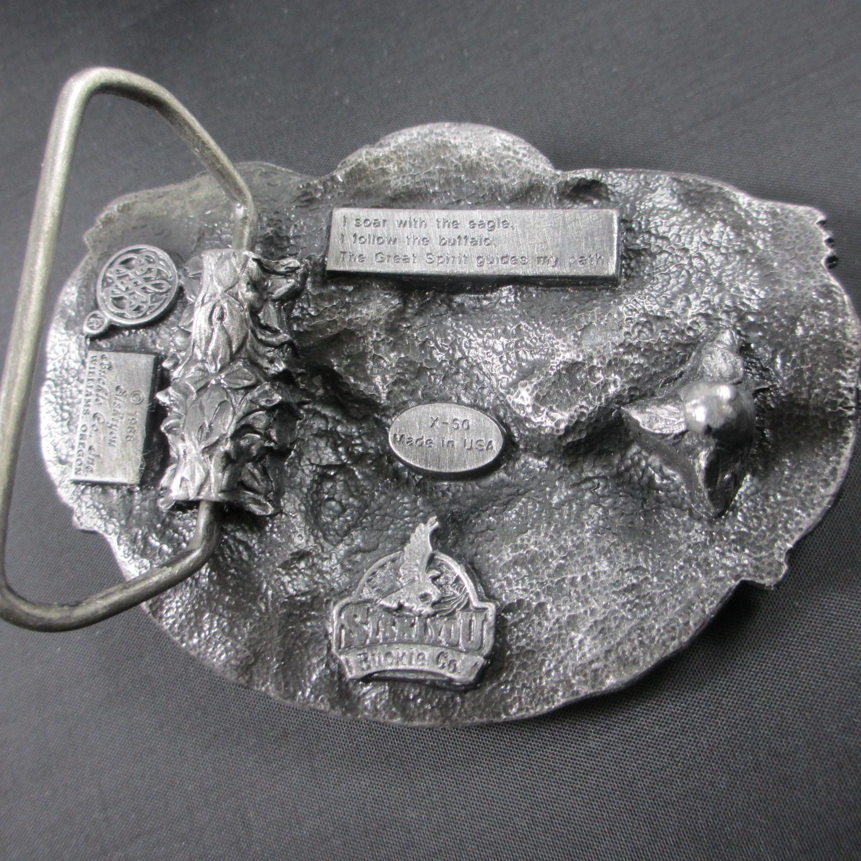 Siskyou Belt Buckle Tribute to American Indian Buffalo, Eagle Tepee  Pewter 1983 Vintage Native American Sacred Figural Body Eagle and  main image 3