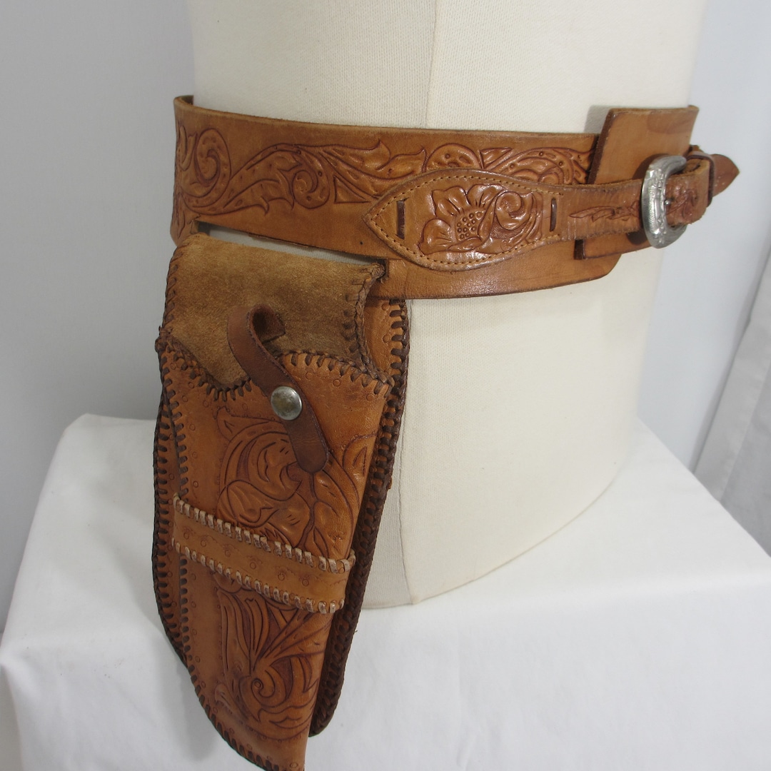 Vintage Western Tooled Leather Gun Belt Holster Etsy