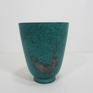 Vintage Gustavsberg Argenta Stoneware Vase with Silver Inlay Fish