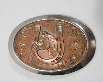 Vintage Horse Head & Horseshoe on Copper Belt Buckle