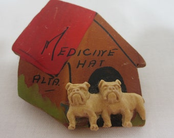 Vintage Wood Dog House Brooch/Pin Bull Dogs