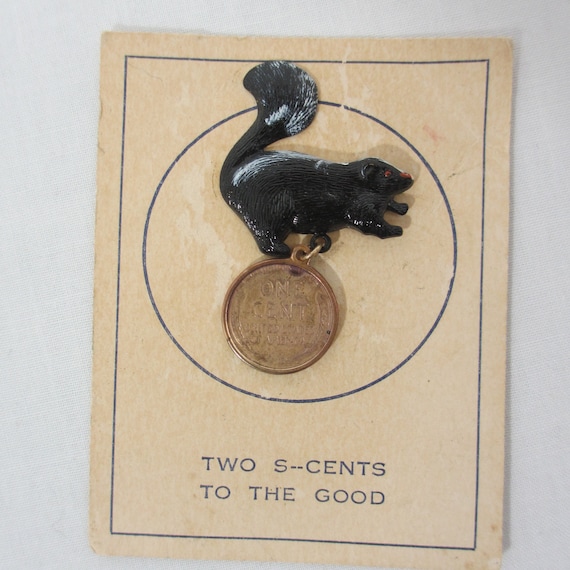 Vintage Metal Skunk Pin with Dangling 1940 One Ce… - image 1