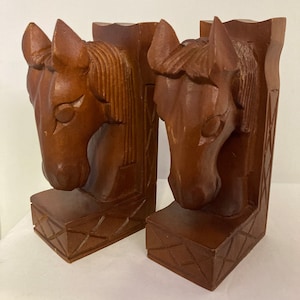 Vintage Hand Carved Wooden Horses Head Book Ends
