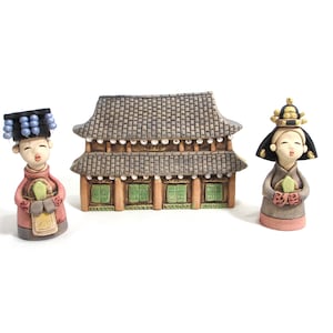 Vintage Handcrafted Artisan Clay Pottery Japanese Girl / Boy Figurines with Temple