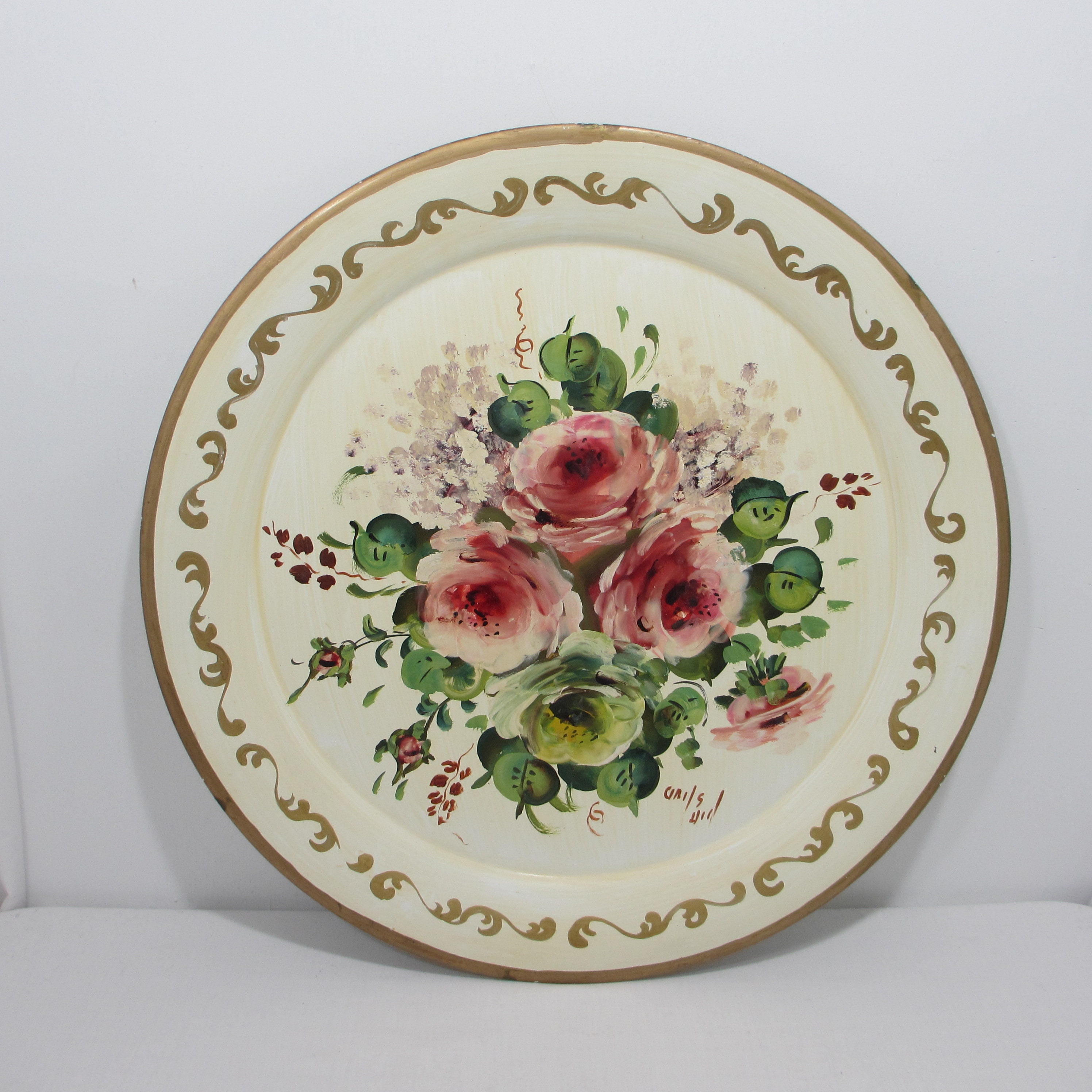 Large Vintage Hand Painted Floral Tole Metal Tray / Wall Hanging