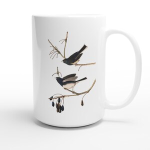 White 15oz Ceramic Mug.  DARK EYED JUNCO.  Gift for bird lover. Nature lover gift. Coffee lover gift. Features Audubon Bird Graphic.