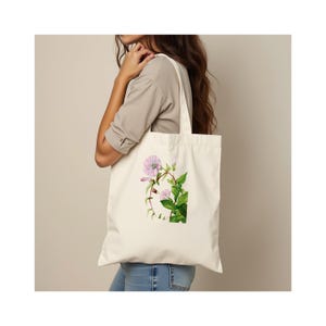 Premium Einkaufstasche.  100% Baumwolle. Langer Griff. Natürlich. Stilvolle Blumenkunst-Einkaufstasche.  Mary Vaux Wilcott Blumenillustration.  HECKENWINDE.