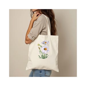 Premium Einkaufstasche.  100% Baumwolle. Langer Griff. Natürlich. Stilvolle Blumenkunst-Einkaufstasche.  Mary Vaux Wilcott Blumenillustration.  MATILIJA MOHN.