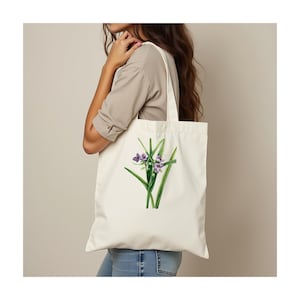 Premium Einkaufstasche.  100% Baumwolle. Langer Griff. Natürlich. Stilvolle Blumenkunst-Einkaufstasche.  Mary Vaux Wilcott Blume.  VIRGINIA SPINNKREUZ.