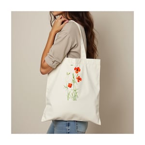 Premium Einkaufstasche.  100% Baumwolle. Langer Griff. Natürlich. Stilvolle Blumenkunst-Einkaufstasche.  Mary Vaux Wilcott Blumenillustration.  Windmohn.