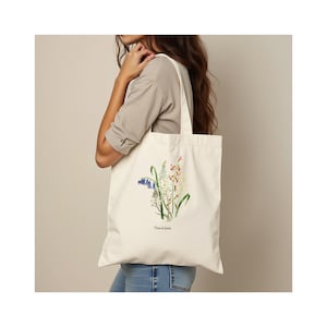 Premium Einkaufstasche.  100% Baumwolle.  Langer Griff.  Natürlich.  Stilvolle Blumenkunst-Einkaufstasche.  Fleurs de Jardin (Gartenblumen).