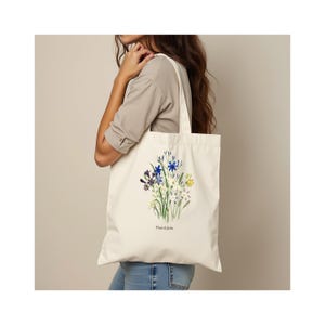 Premium Einkaufstasche.  100% Baumwolle.  Langer Griff.  Natürlich.  Stilvolle Blumenkunst-Einkaufstasche.  Fleurs de Jardin (Gartenblumen).