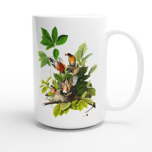 White 15oz Ceramic Mug - ROBIN.  Gift for bird lover. Nature lover gift. Coffee lover gift. Features Audubon Bird Graphic.