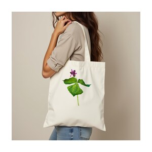Premium Einkaufstasche.  100% Baumwolle. Langer Griff. Natürlich. Stilvolle Blumenkunst-Einkaufstasche.  Mary Vaux Wilcott Blumenillustration.  TRILIUM.