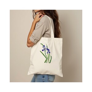 Premium Einkaufstasche.  100% Baumwolle. Langer Griff. Natürlich. Stilvolle Blumenkunst-Einkaufstasche.  Mary Vaux Wilcott Blumenillustration.  IRIS.