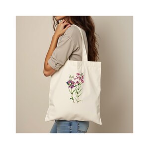 Premium Einkaufstasche.  100% Baumwolle. Langer Griff. Natürlich. Stilvolle Blumenkunst-Einkaufstasche.  Mary Vaux Wilcott Blume.  PRAIRIE PENTSTEMON.