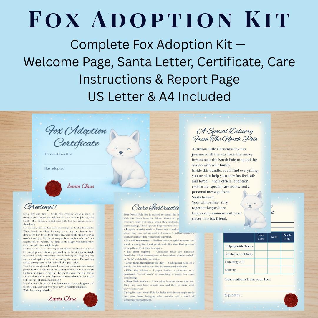 Fox Adoption Kit Printable | Christmas Adoption Certificate, Santa ...