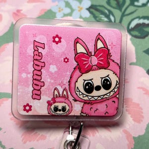 Pink Twin Labubu  Badge Reel | Cute Bunny Badge Holder | Kawaii Badge Reel | Retractable ID Holder | Nurse Badge Reel