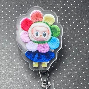 Rainbow Flower Labubu Badge Reel | Colorful Character Badge Holder | Kawaii Badge Reel | Retractable ID Holder | Nurse Badge Reel