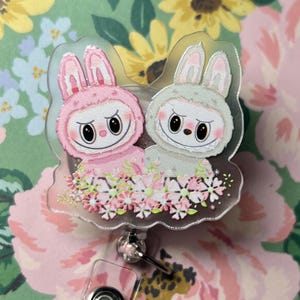 Twin Labubu  Badge Reel | Cute Bunny Badge Holder | Kawaii Badge Reel | Retractable ID Holder | Nurse Badge Reel