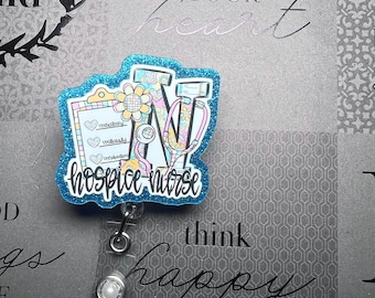 Porta badge retrattile per infermieri di cure palliative, porta badge blu glitterato, regalo per infermieri in fase terminale, ringraziamento per gli infermieri