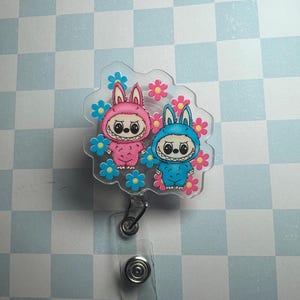 Twin Labubu  Badge Reel | Cute Bunny Badge Holder | Kawaii Badge Reel | Retractable ID Holder | Nurse Badge Reel