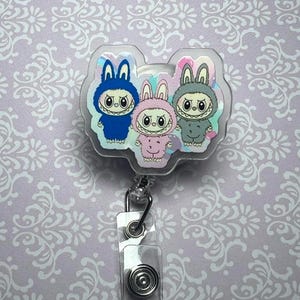Twin Labubu  Badge Reel | Cute Bunny Badge Holder | Kawaii Badge Reel | Retractable ID Holder | Nurse Badge Reel