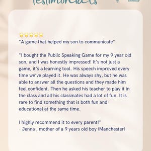 testimonial of public speaking game. kids in business. entrepreneurship for young ages. self esteem
