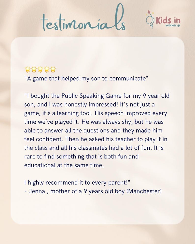 testimonial of public speaking game. kids in business. entrepreneurship for young ages. self esteem