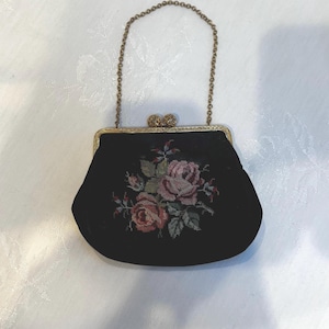 Vintage 1950s Petit Point Rose Floral Purse, Needlepoint Silk Evening Handbag, Gold Chain