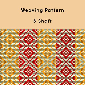 Puede incluir: Patrón de tejido geométrico en rojo, amarillo y blanco, con el texto "Weaving Pattern 8 Shaft". El diseño presenta formas de diamante y una textura tejida, ideal para proyectos textiles.