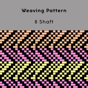 May include: A digital weaving pattern with the text "Weaving Pattern" and "8 Shaft" on a grey background. The pattern features a repeating geometric design in black, pink, yellow, and peach.