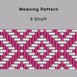 May include: A digital illustration of a weaving pattern with a repeating design. The pattern features vertical magenta lines intersected by horizontal silver bars. The text "Weaving Pattern" and "8 Shaft" are displayed above the pattern on a gray background.