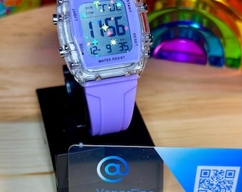 Pindows paarse holografische mod diamant-sterren transparant jaargang. waterdicht sporthorloge alarm, stopwatch, countdown.