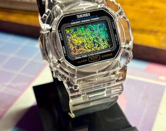 Clear Y2K SKMEI Watch - Holographic Sand Stars Screen